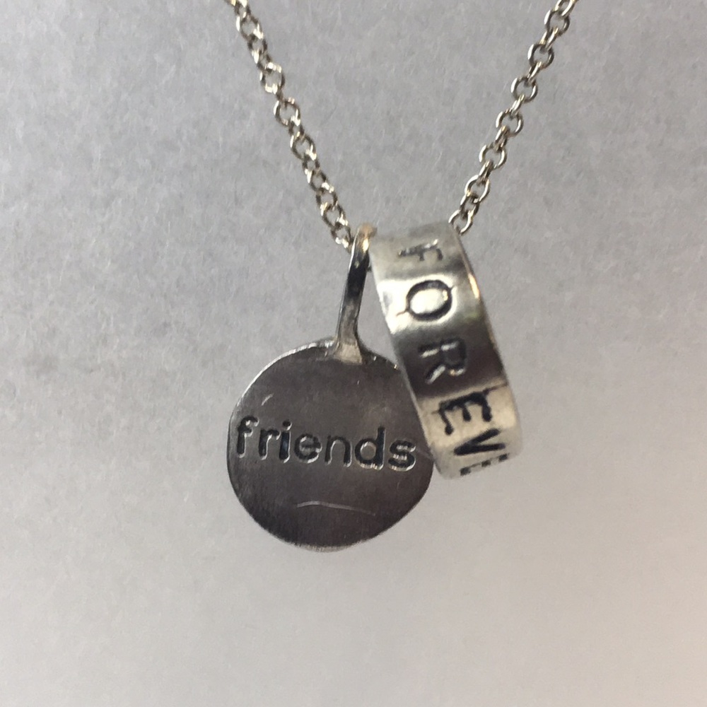 Silver delicate chain with FOREVER stamped ring & friends stamped disk pendants